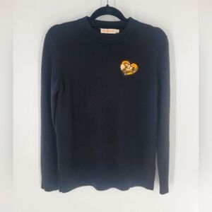 Tory Burch Heart Sequin Patch Sweater‎ Womens S Black 100% Cashmere